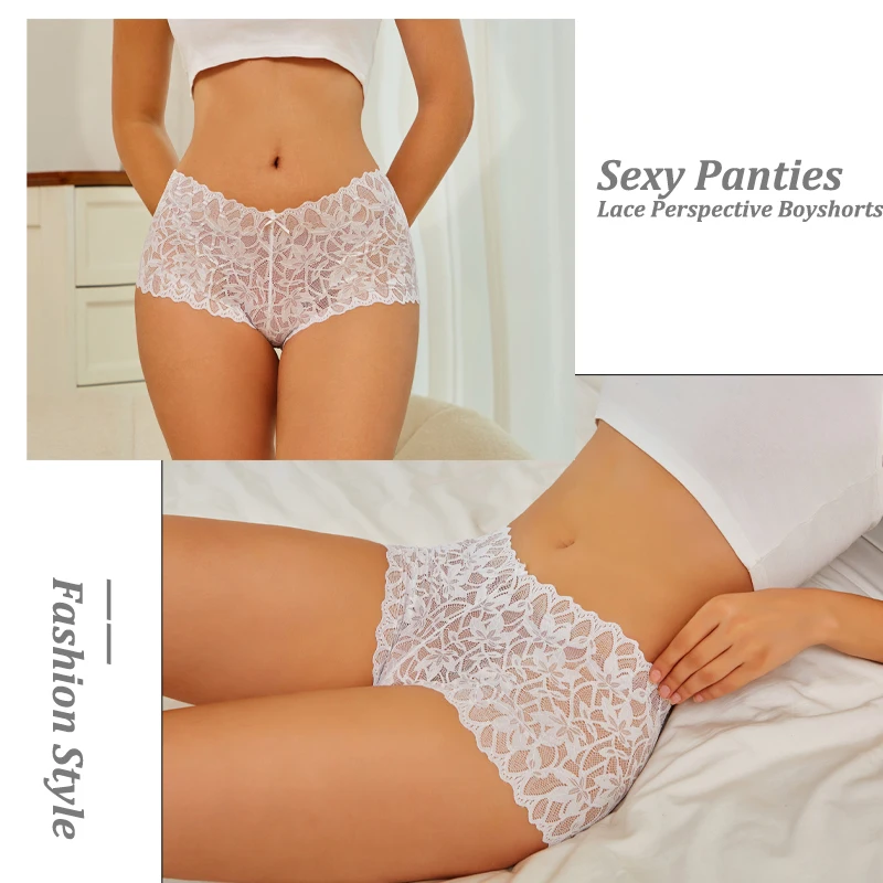 4PCS Women Floral Lace Panties Sexy Perspective Underwear V Waist Solid Color Underpants Female Breathable Intimates Lingerie