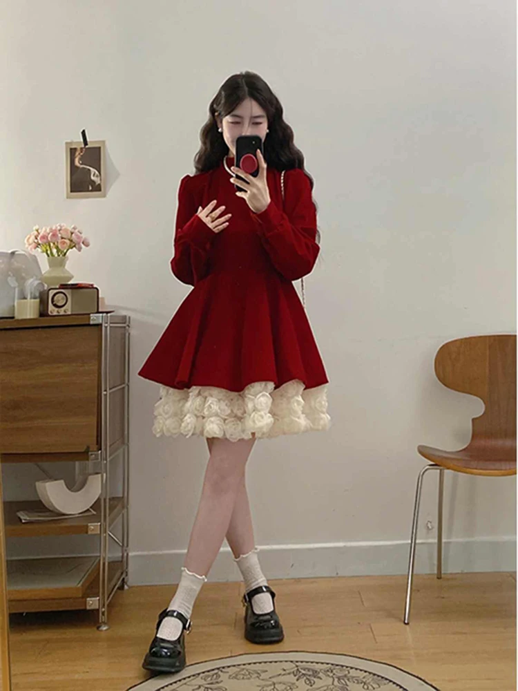 Vestido de veludo vermelho mangas compridas fino ajuste cintura cinching em camadas plissados saia linha a elegante temperamento festa vestidos de noite