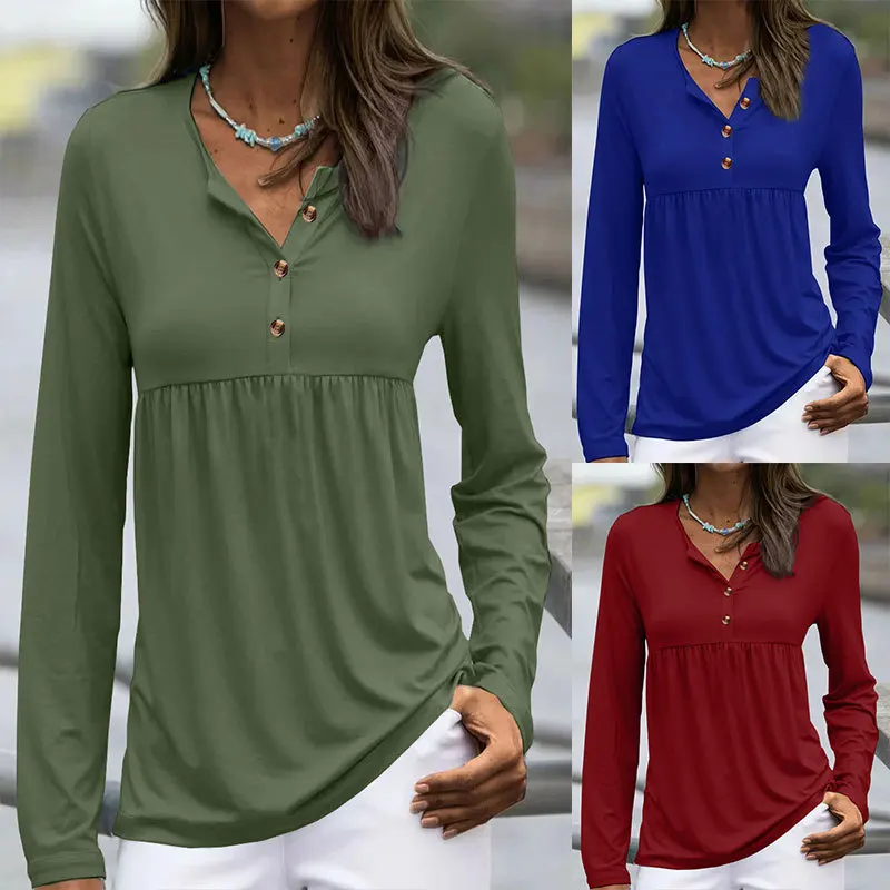 

Spring Summer 2023 Women's Casual Long Sleeve V-Neck Button Pure Color T-Shirt Cleanfit Style Loose Knitted Polyester Blend