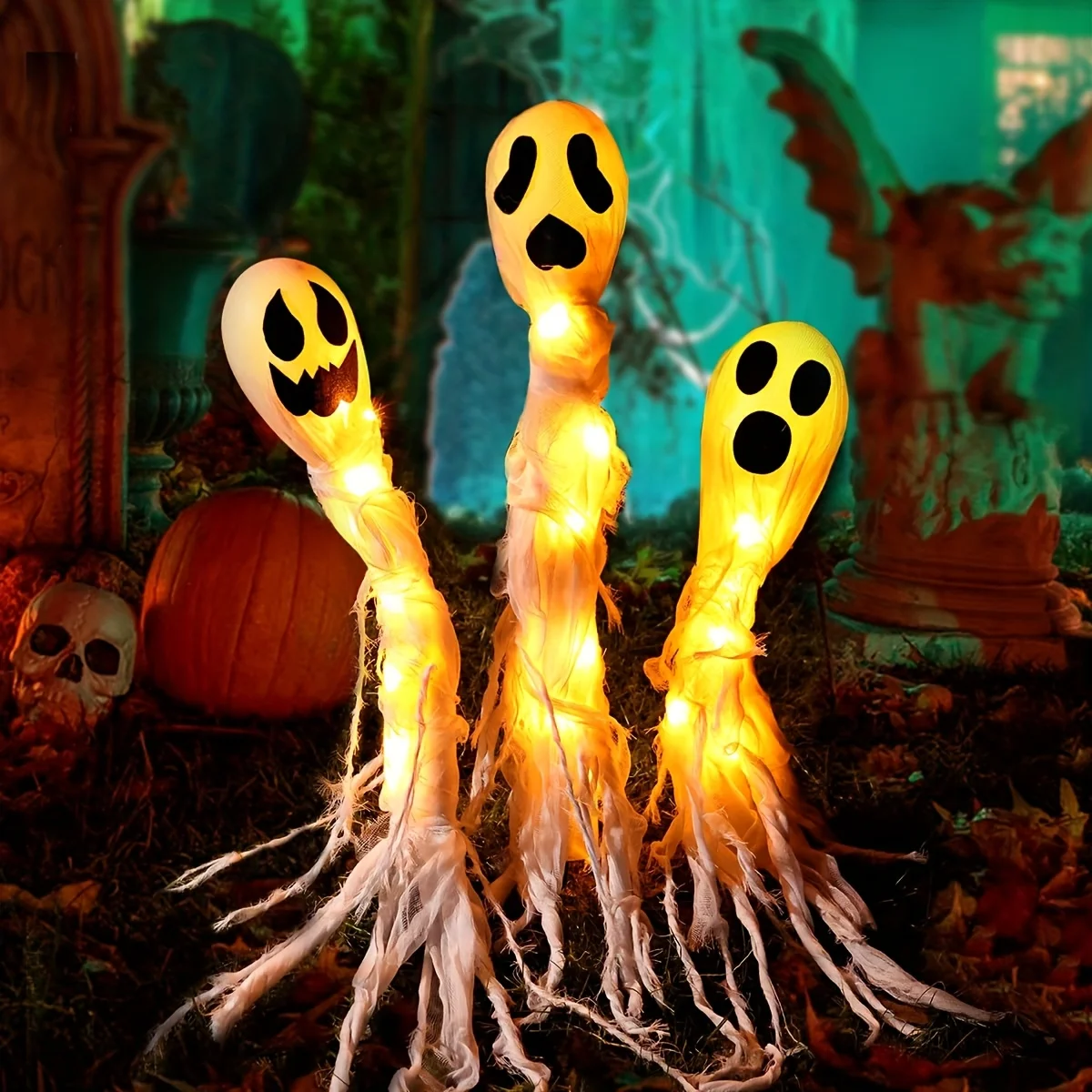 3 Pack Lighted Up Halloween Decorations Outdoor Ghost Yard Stakes Spooky Battery Operated Home Patio Lawn Decor