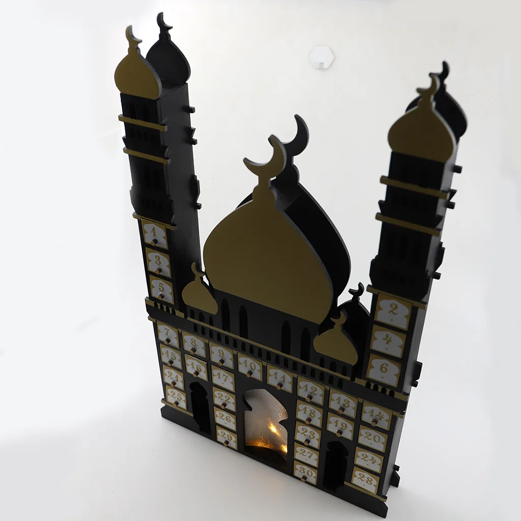 Ramadan Advent Calendar with Drawer Box Wooden Castle Calendar Cabinet For Eid Mubarak Ramadan Kareem Muslim Party Decoration