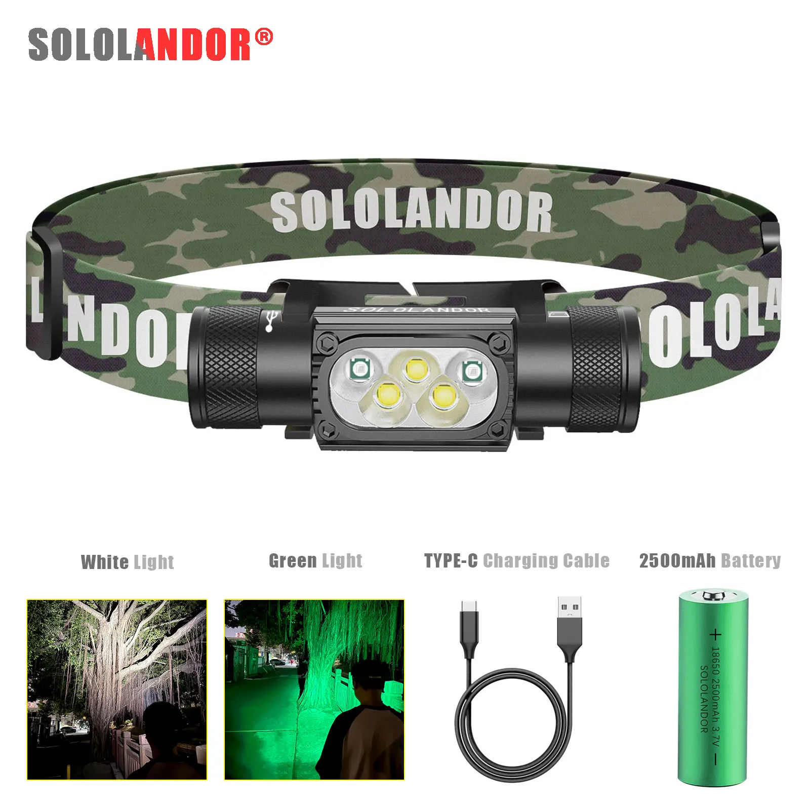 

SOLOLANDOR белый зеленый светодиодный фонарь USB C фонарик аккумуляторный налобный фонарь охотничий налобный фонарь уличная лампа приключенческая вспышка