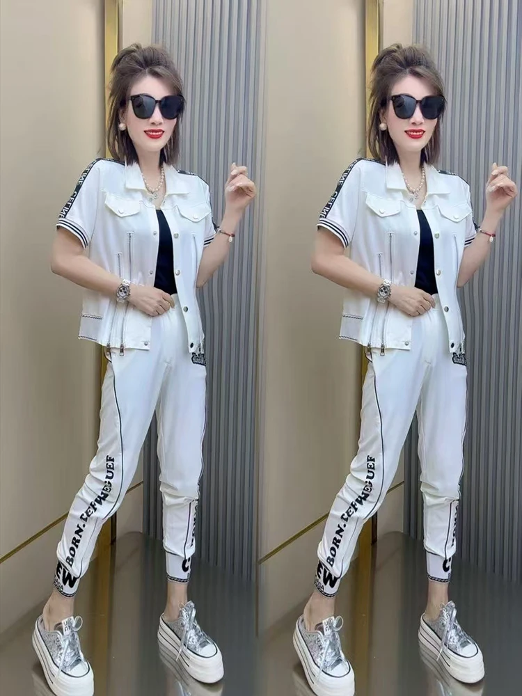 Terno casual feminino 2025 verão novo personalizado na moda carta topo nove polegada calças de tornozelo comutar conforto conjunto de duas peças