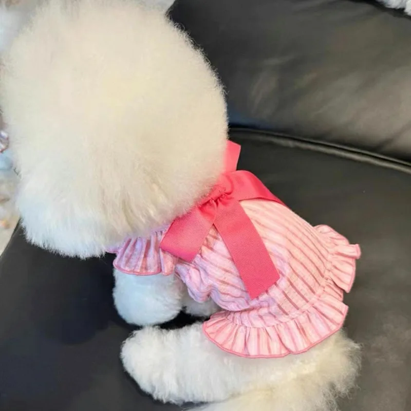 

Pink Bow Puppy Clothes Summer Fly Sleeve Pet Halter Dress Teddy Vertical Stripe Pullover Pretty Dog Clothes