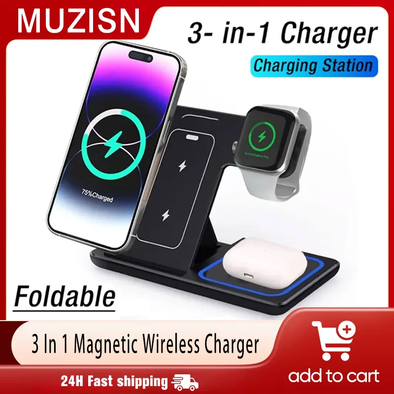 30W LED Fast Wireless Charger Stand 3 In 1 Foldable Charging Station For iPhone 17 16 15 14 13 Apple Watch 9 8 7 6 5 Airpods Pro