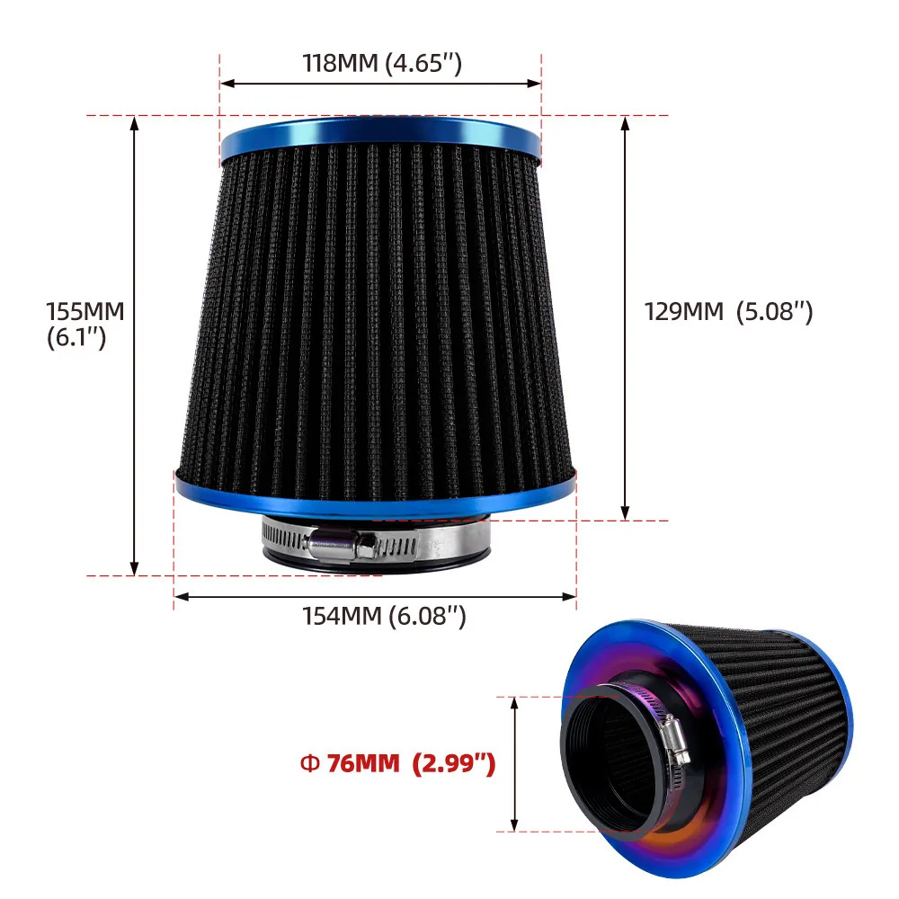 Universal 76mm Mushroom Air Filter Blue Burnt High Flow Washable Clamp-On Car Air Intake Filter