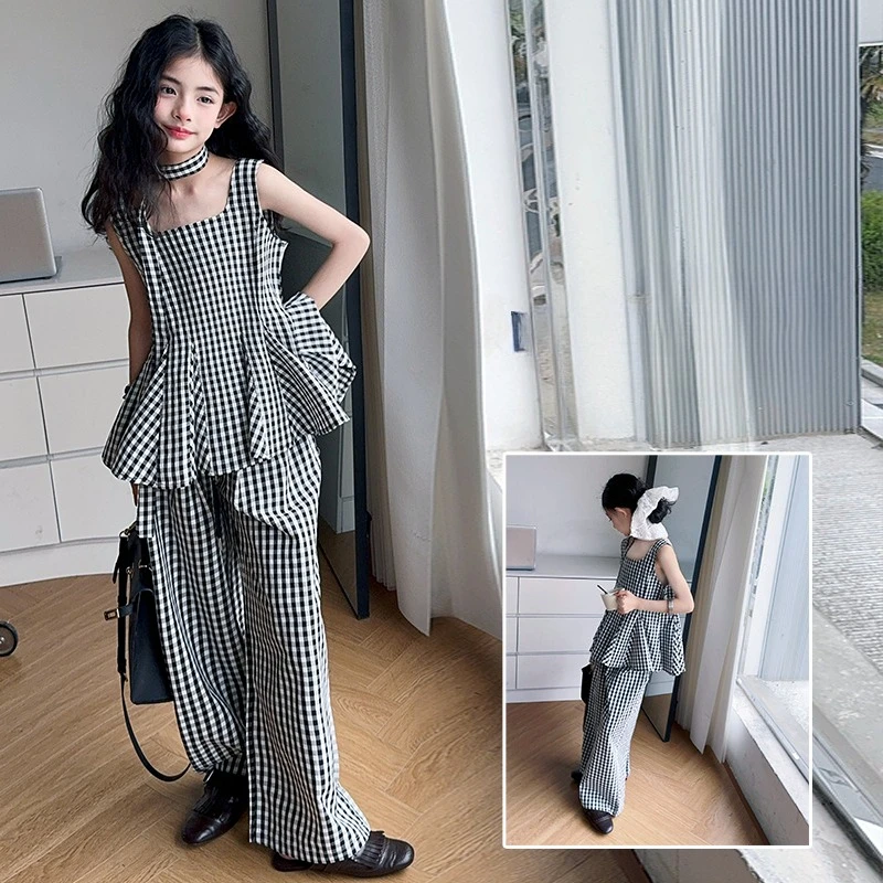 summer teen girls grid clothes set Lotus leaf hem vest dress+wide-leg pants 2pcs junior kid clothing child outfits 5-16 vetement