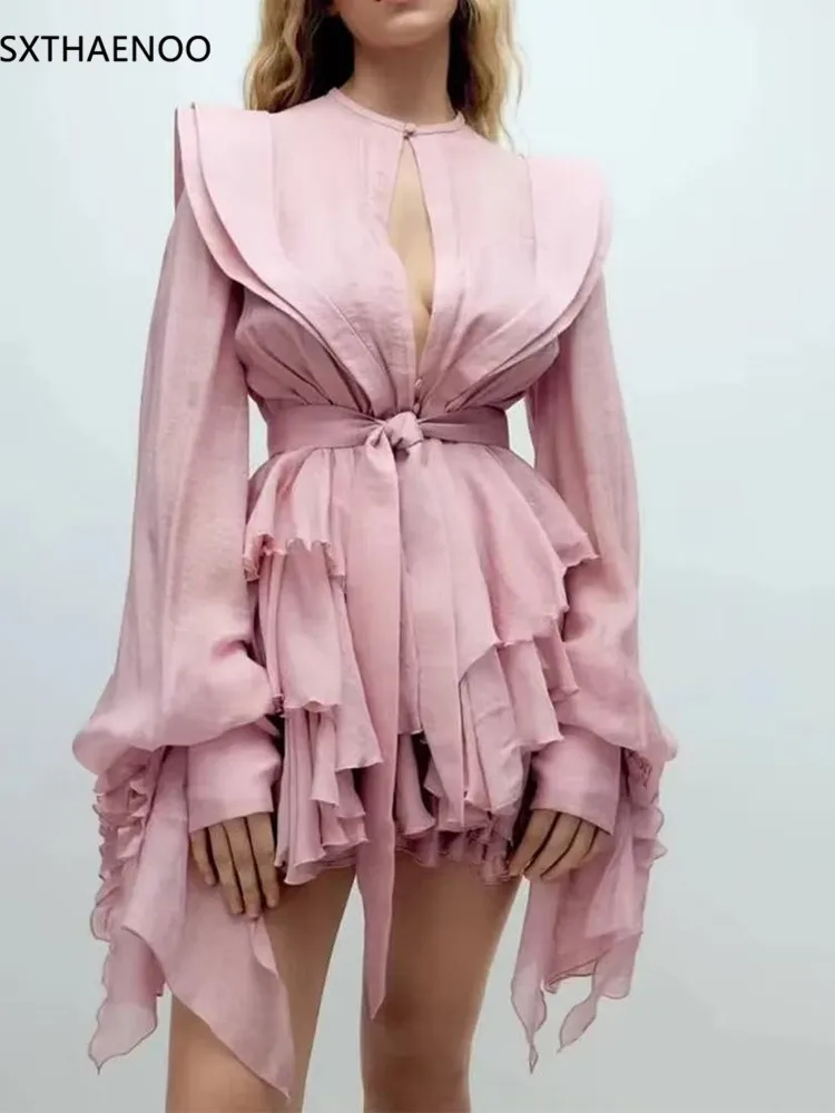 

SXTHAENOO Solid Slimming Hollow Out Folds Dresses For Women Round Neck Long Sleeve High Waist Spliced Belt Designer Dress Female