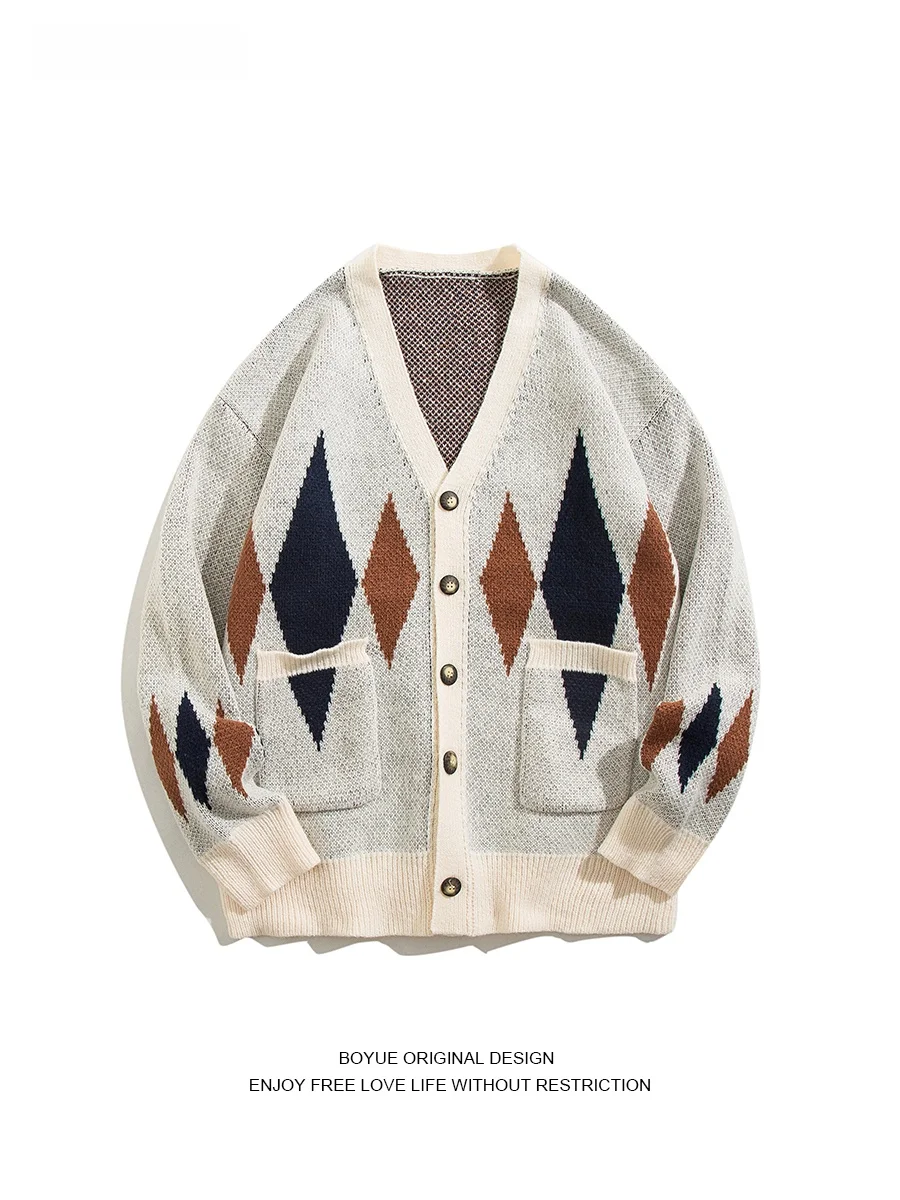 

Кардиган BOYUE Diamond Color Blo: Мужской и женский повседневный свободный вязаный свитер для молодежи, осенняя коллекция