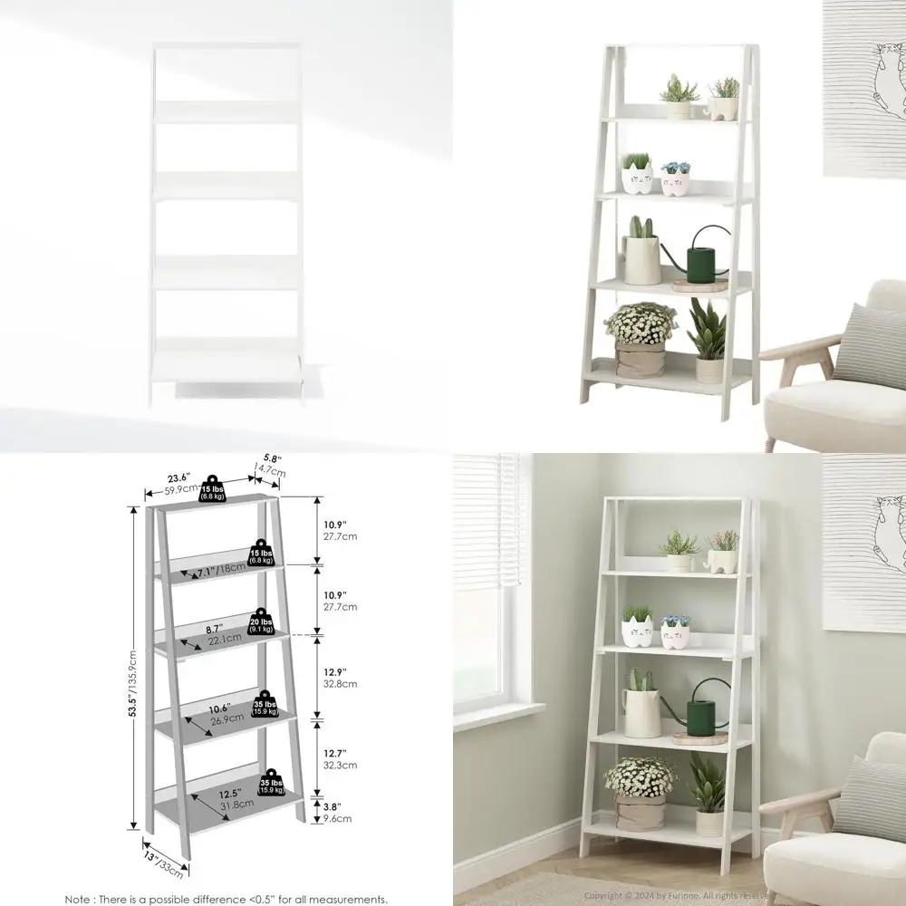 

5-Tier White Ladder Bookshelf, 13 x 23.6 x 53.5, Storage and Display Shelves for Living Room and Home Office