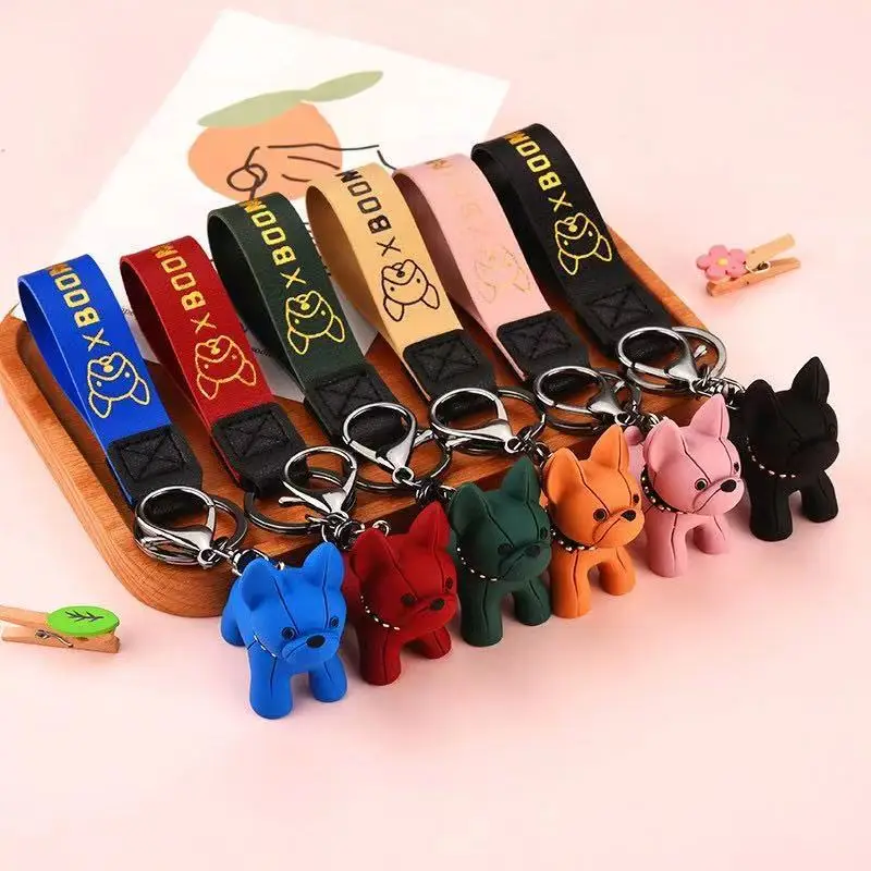 Punk French Bulldog Keychain PU Leather Dog Keychains Fashion for Women Bag Pendant Jewelry Trinket Men\'s Car Key Ring Key Chain