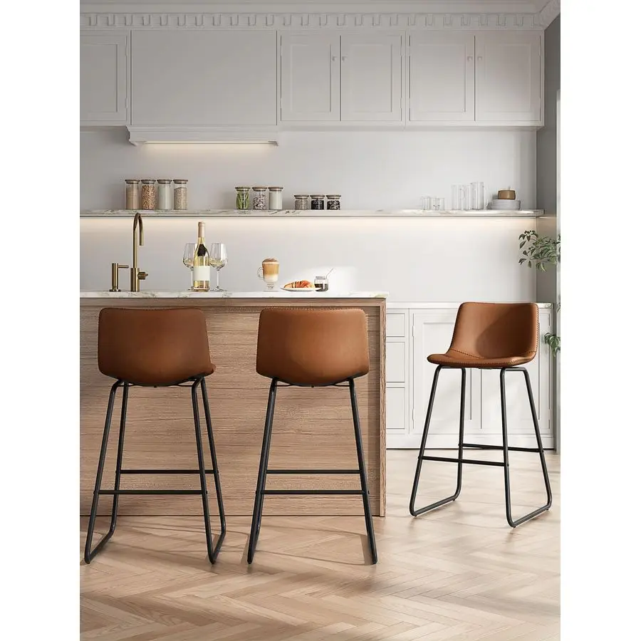Stools Set of 3, 26 Inches Counter Height Bar Stools with Back, Modern Faux Leather Barstools with Metal Legs and Footrest, Bar