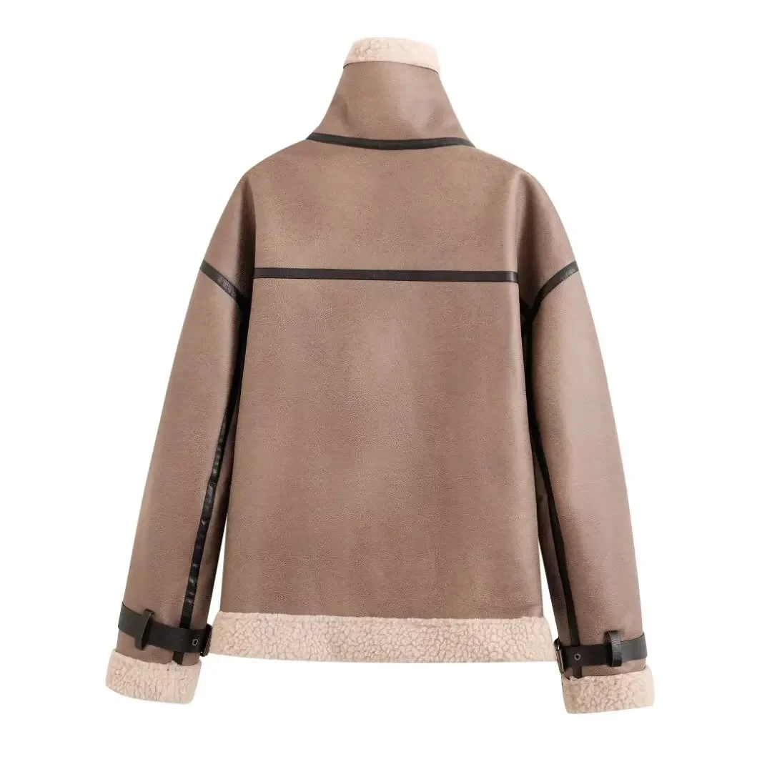 Veste en Faux Cuir à Manches sulfpour Femme, Manteau Rétro Chic, avec Fermeture Éclair et Décoration de Poche