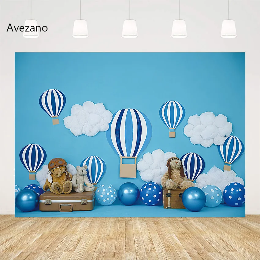 Фон для фотосъемки с изображением воздушных шаров украшение на день рождения голубое небо белые облака Новорожденный ребенок