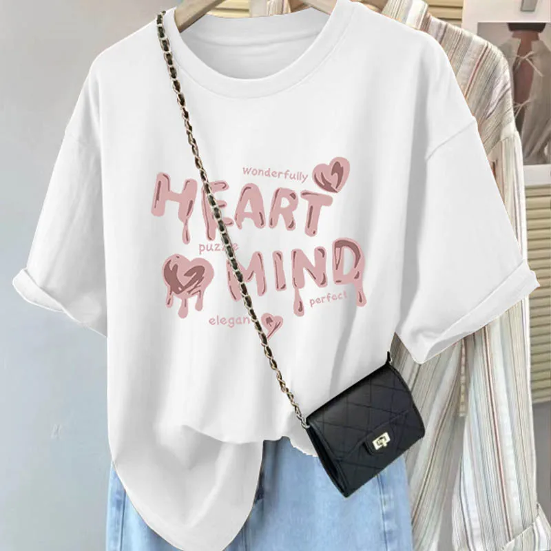 Women Clothing Elegant Hand-Painted Letter Print T-shirt Summer Casual Loose Pure Cotton Short Sleeve Top All-match Basic Tees
