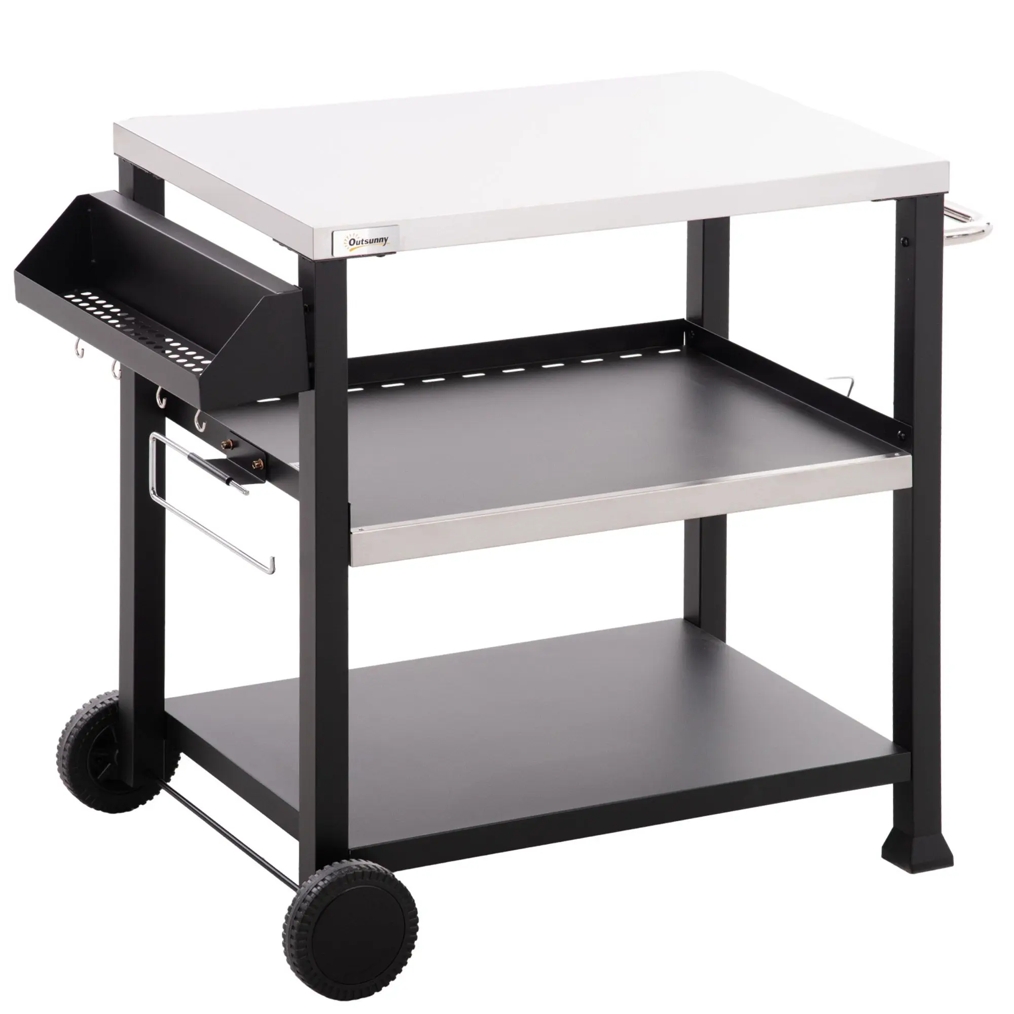 

For Outsunny Grill Cart Table Outdoor, 3-Shelf Stainless Steel, Pizza Oven Stand, Black with BBQ Wheels & Side Handle