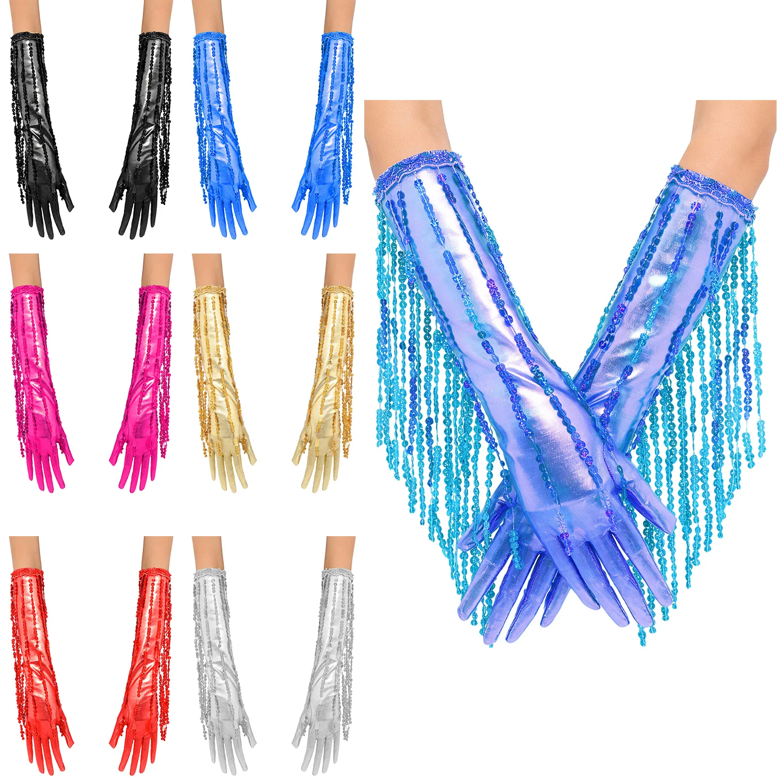 

Girl 1920s Tassel Glitter Gloves Vintage Party Mittens Stage Opera Jazz Dance Performance Cosplay Wrist Length Fringe Gloves