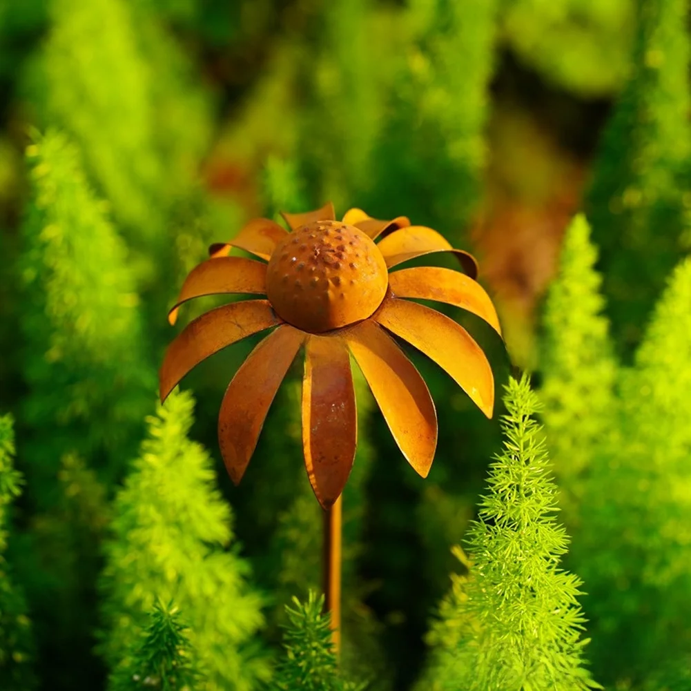 European Style Rusty Iron Echinacea Stake Metal Garden Flower Decor For Lawn Porch Pathway Patio Outdoor Yard Landscape Art