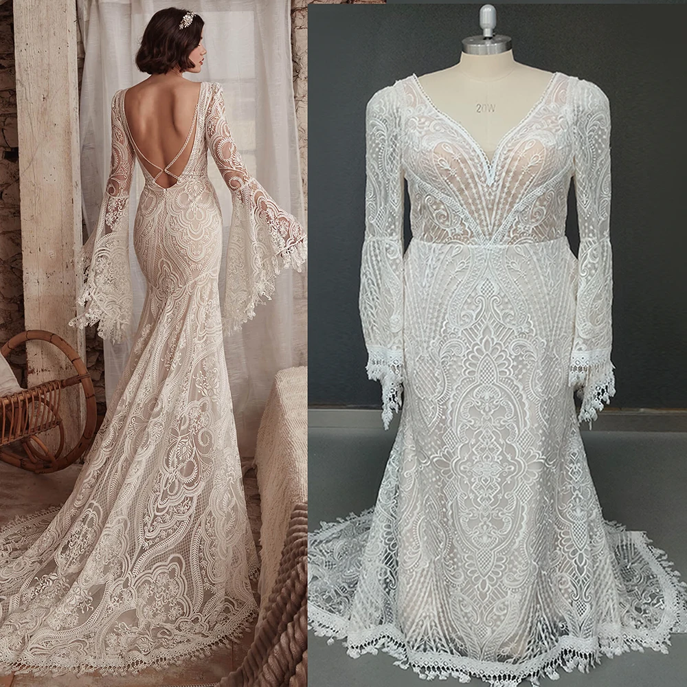 Long Sleeves Mermaid Crochet Lace Plus Size V Neck Bridal Gown Real Photos Customized Open Back Tassles Exquisite Wedding Dress