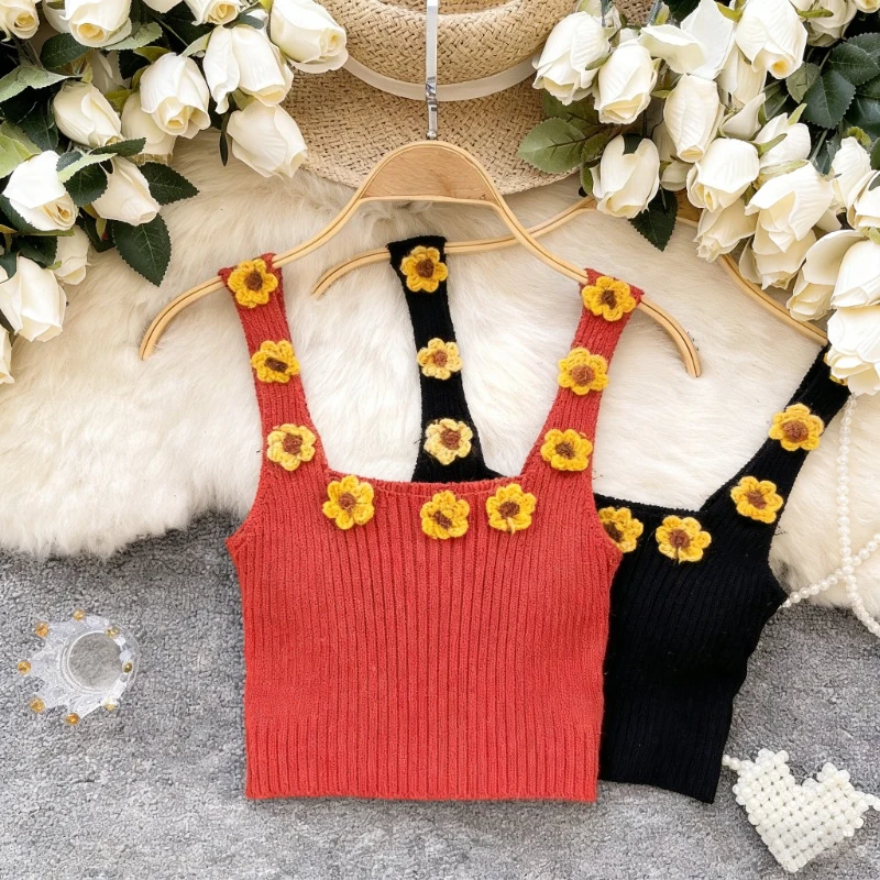 

New Summer Women Sleeveless Off Shoulder Knitted Camisole 3D Sunflower Decorative Solid Color Short Vest Crop Tops Outfits