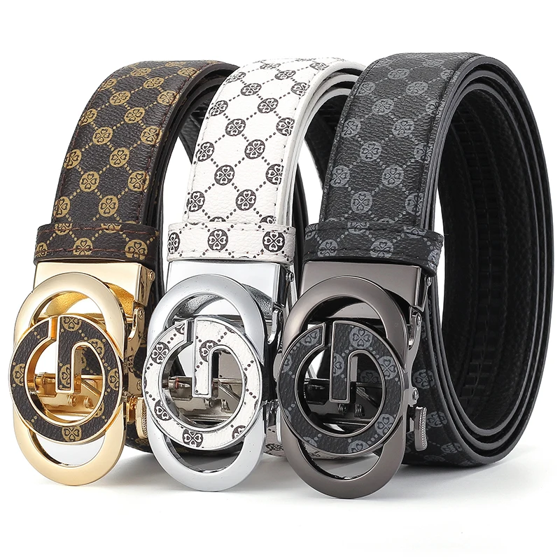 Men's Automatic Buckle Belt G Logo Buckle Ratchet Slide No-Hole Adjustable Business Casual