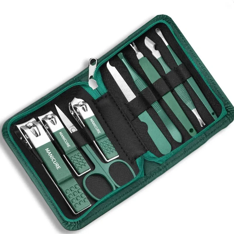 Ensemble de manucure vert 9 pièces avec étui en cuir, Kits d'outils professionnels de soins des pieds et du visage, ensembles de coupe-ongles en acier inoxydable, cadeau