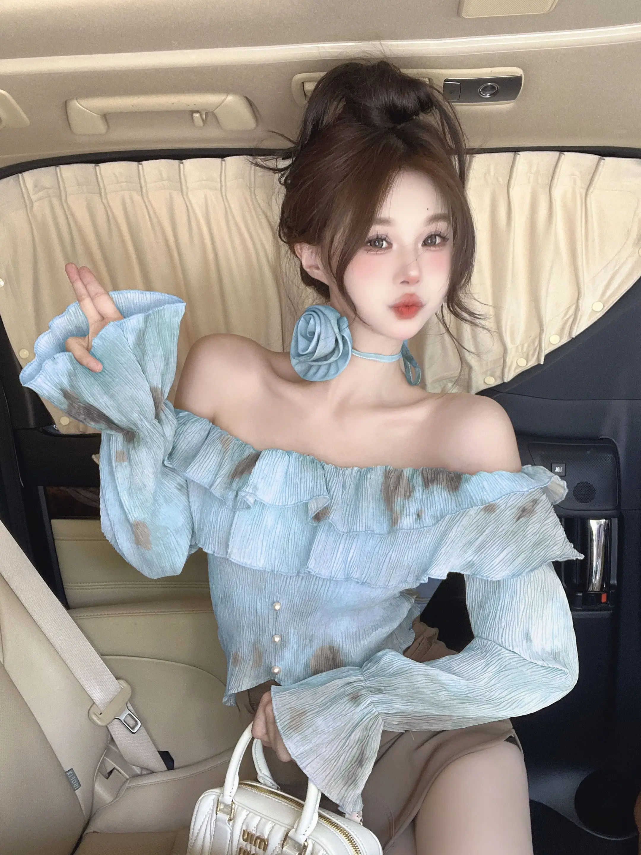 

​​Short Top Cute Yet Elegant Ruffled Off Shoulder Blouse Flare Sleeve Early Autumn New 2025​​