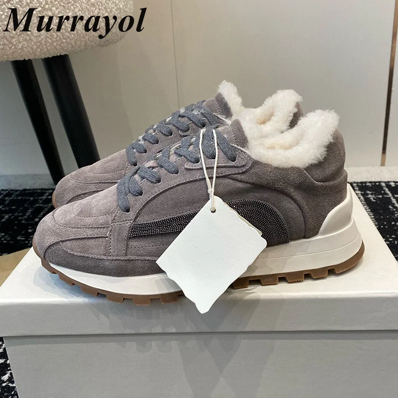 

Plush Lining Thick Bottom Sneakers Women Lace Up String Bead Decor Flat Shoes Four Seasons Casual Shoes Tennis Shoes Daddy Shoes