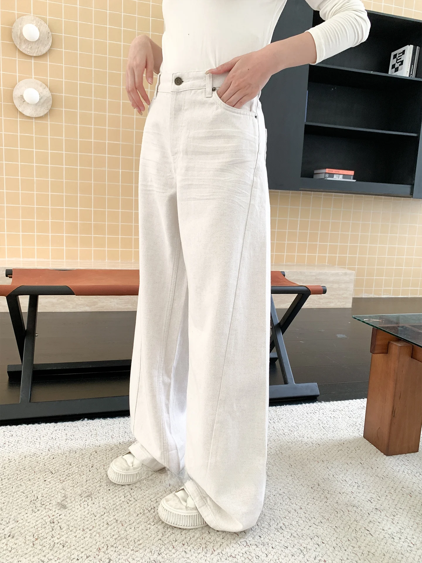 

High Waist Straight Leg White Linen Denim Jeans Women's Loose Fit Casual Pants Summer Faion Ele Ladies Trousers
