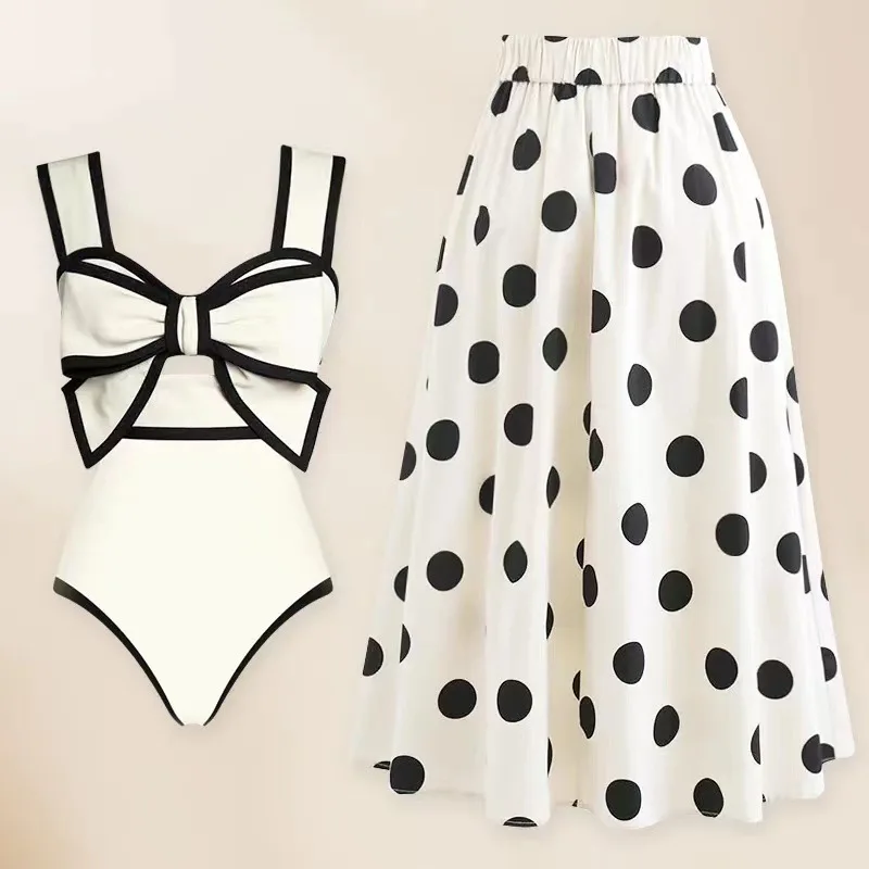 

2024 Black White Retro One Piece Swimsuit Women Bow Tie Swimwear with Skirt Sexy Bathing Suit Monokini Beach Bodysuit Beach Wear