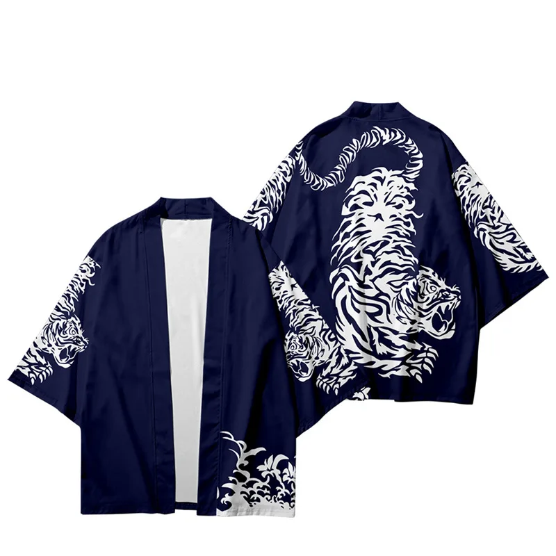 

White Tiger Printed Loose Japanese Samurai Harajuku Kimono Cardigan Cropped Pants Women Men Cosplay Yukata