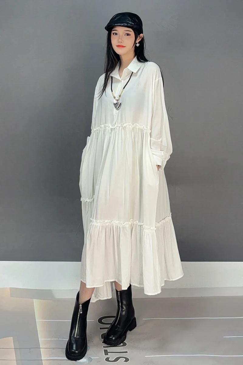 2024 Autumn New Elegant Splicing Loose Long Shirts Dresses Women Casual Turn-down Collar Long Sleeve Dress Wholesale J479