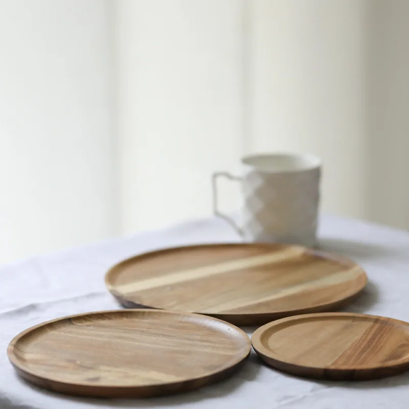 Wood Plates Serving Tray Family Simple Solid Wood Plate Fruit Food Dish Snack Fruit Platter Wooden Round Food Plate Dish Tray