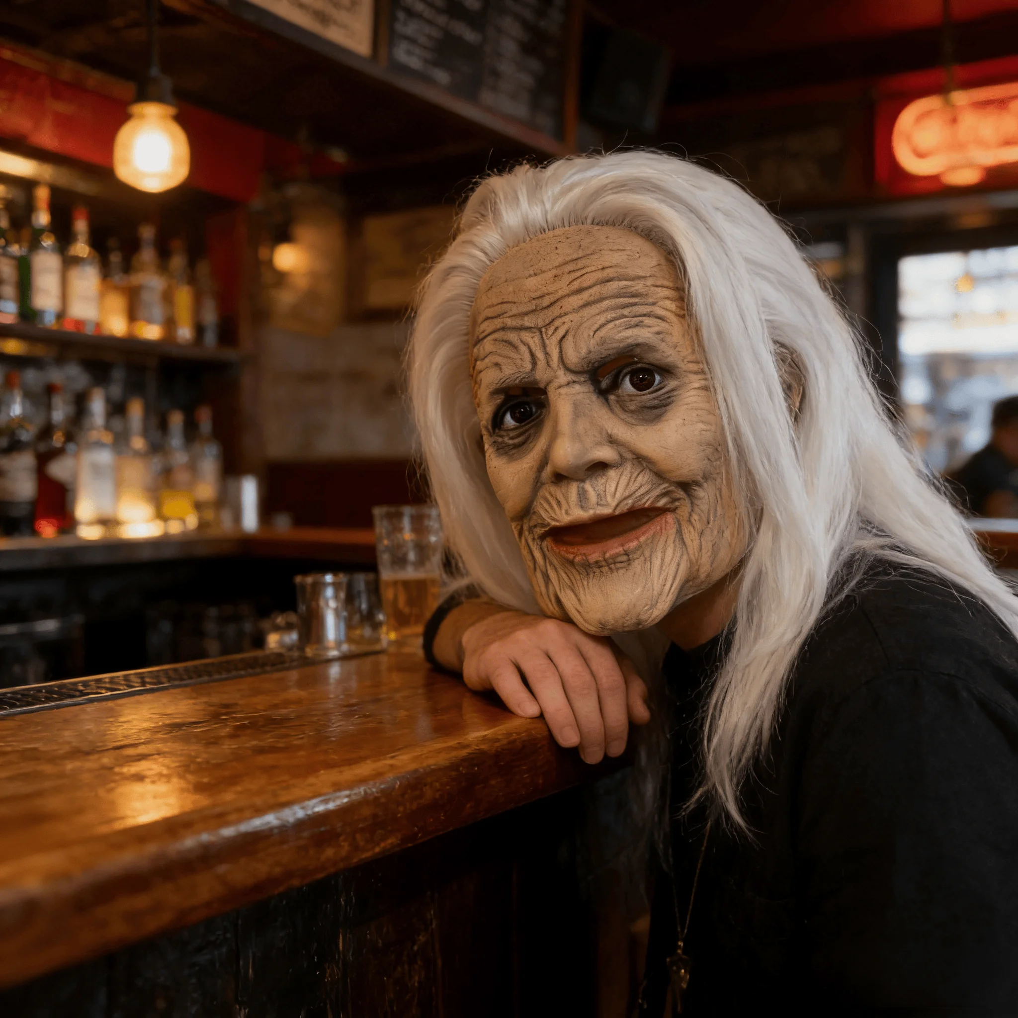 Hochdetaillierte Maske einer freundlichen älteren Frau mit weißem Haar – realistische Latexmaske mit lebensechter Textur für Halloween-Partys