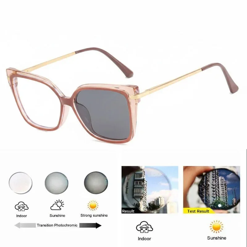 KSVEREN Large Frame Photochromic Myopia Glasses Women Retro Prescription Nearsighted Eyewear -0.5 -1.5 -2.0 -2.25 -4.5 To -6.0
