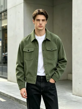 Men's Vintage Corduroy Jacket Casual Loose Fit Trucker Coat Turn-Down Collar Button Down Work Jacket With Chest Pockets Spring A 6