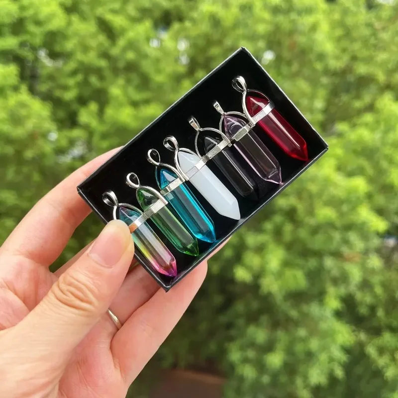 7pcs Natural Crystal Double Pointed Colorful Silver Edge Pendant Colorful Crystal Accessories Mobile Phone Handbag Accessories