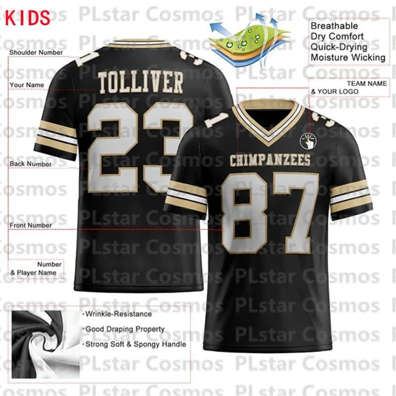 Custom Black White-Vegas Gold Mesh Football Jersey 3D Printed Kids Football Jersey Boys Tops Girl Tees