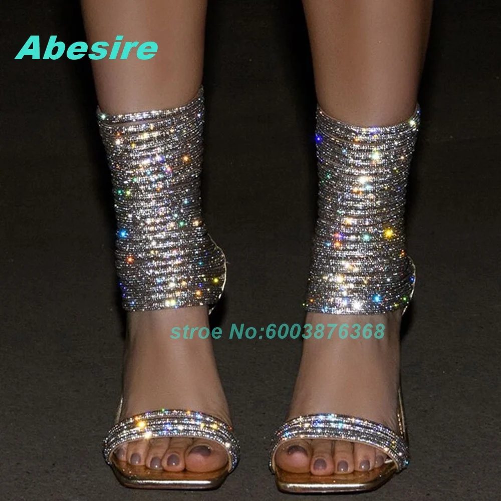 Silver Rhinestone Bling Square Toe Sandals Stiletto Heel Wrapped Ankle Cuff Women's Sandals Sexy Glitter Y2K Party Fashion Shoes