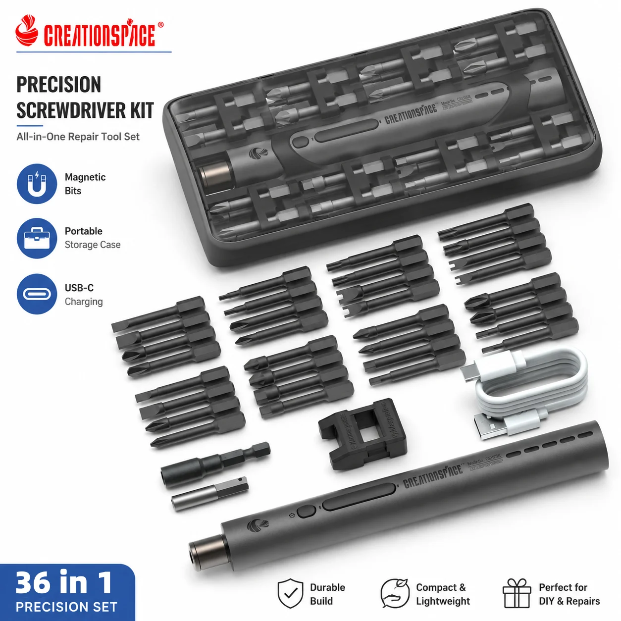 Creationspace CS19 Dual Mode Automatic Electric Screwdriver，5-speed Torque Adjustable for DIY & Professional Maintenance