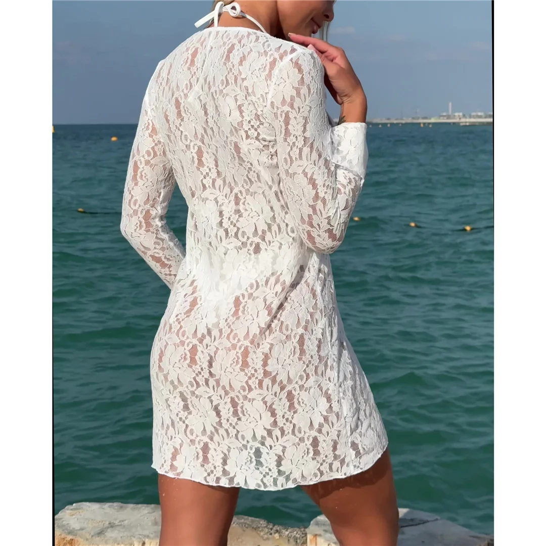 Mit langen Ärmeln, als Überwurf getragen, Neckholder-Bikini, Damen-Badeanzug, dreiteiliges Bikini-Set, Damen-Bademode, Badeanzug, Schwimmanzug V6695 – Detail 5