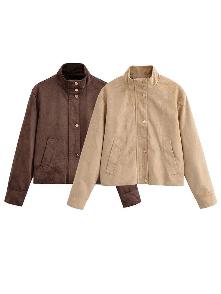 

HH Female Fashion Streetweer Short Jacket High Collar Long Sleeves Coats Women Single Breasted Zipper Pocket Chic Casual Jacket