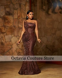 Dark Brown Strapless Aso Ebi Evening Dresses Sequin Birthday Dress Women 2024 Bead Crystal Mermaid Prom Dresses Customized