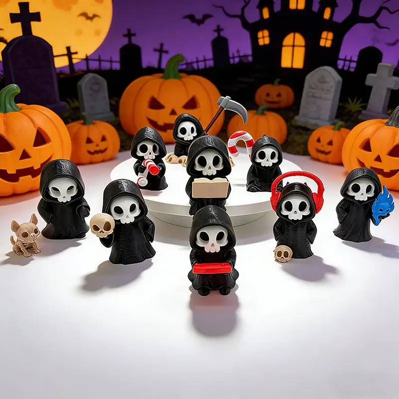 Gothic Grim Reaper Skeleton Figurine Cute Mini Skull Statue Spooky Halloween Desk Decor Holiday Gift Ornament