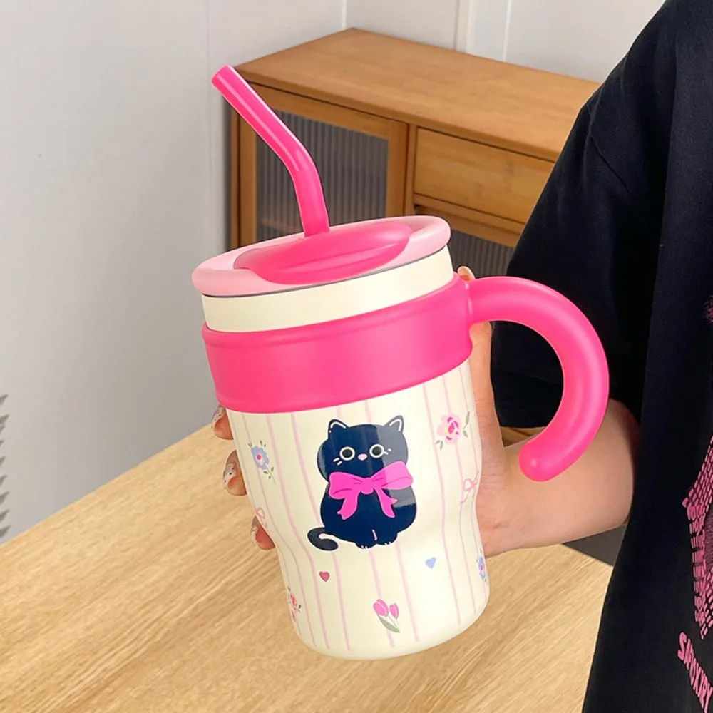 

Stainless Steel Cat Thermos Cup Portable Leak Proof Water Bottle Large Capacity with Handle Straw Insulation Cup Women Men