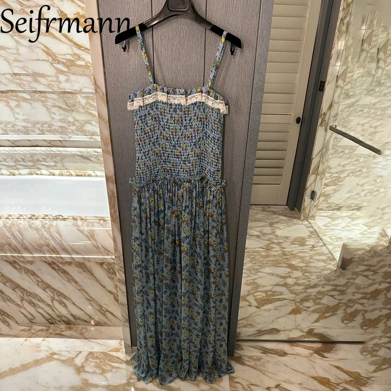 Seifrmann 2026 Summer Women's New Fashionable Suspenders Silk Printed Lace Edge Waist cinching Long Dress