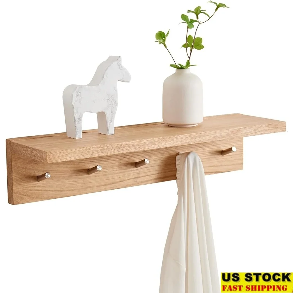 

Oak Wood Floating Shelf with 5 Hooks Entryway Coat Rack Organizer Towels Hats Bags Bathroom Bedroom Storage Solutions