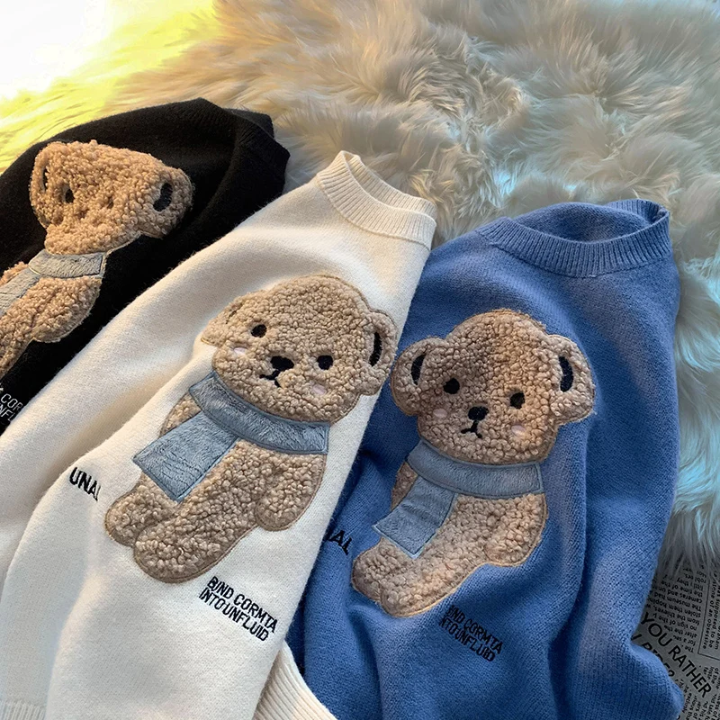 Women Pullovers Winter Jumpers Knitwear Cute Bear Sweater Knitted Harajuku 2021 Round Collar Loose Pullovers Oversized Teens New