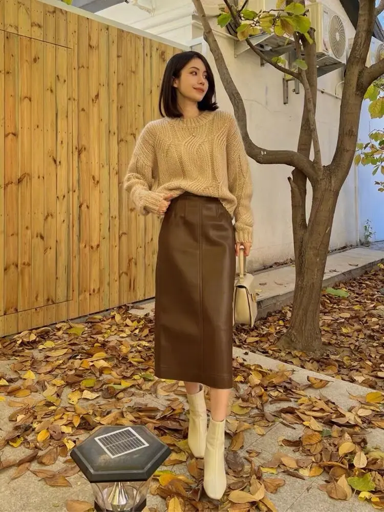 

eepskin A-Line Skirt High Waist Pure Color Autumn 2023 Faionable Small Fraance Sle Genuine Leather Skirt