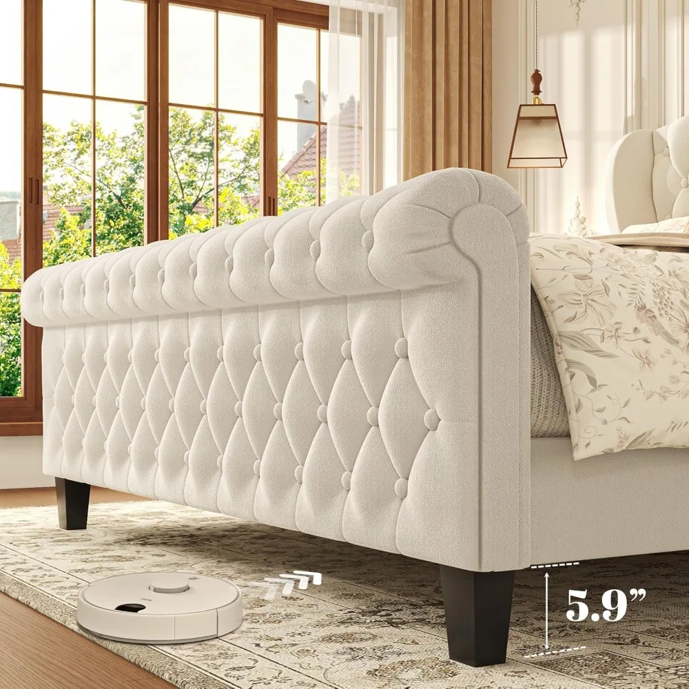 Struttura del letto Queen Sleigh imbottita in velluto Testiera con alette Pedana a scorrimento Nessun pulsante di supporto robusto necessario con molle